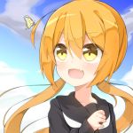  1girl :d black_serafuku blonde_hair butterfly commentary_request fang hair_between_eyes kantai_collection long_hair long_sleeves neckerchief open_mouth rateratte satsuki_(kantai_collection) school_uniform serafuku smile solo twintails yellow_eyes 