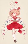  1girl blonde_hair blush dress english flag flandre_scarlet hair_ornament hat highres kneehighs red_eyes ribbon sailor_dress short_hair side_ponytail simple_background solo touhou white_legwear wings yujup 