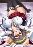  1girl black_hair blush breasts cleavage detached_sleeves hair_ornament hairband haruna_(kantai_collection) headgear japanese_clothes kantai_collection large_breasts long_hair lying nontraditional_miko on_back on_bed skirt smile solo thigh-highs upside-down 