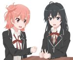  2girls black_hair blazer blue_eyes blush brown_eyes hair_ribbon multiple_girls open_mouth orange_hair ribbon table tamii_tamii yahari_ore_no_seishun_lovecome_wa_machigatteiru. yuigahama_yui yukinoshita_yukino 