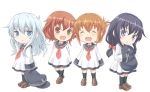  4girls :&lt; :d akatsuki_(kantai_collection) anchor_symbol black_hair brown_hair commentary_request fang flat_cap folded_ponytail hat hat_removed headwear_removed hibiki_(kantai_collection) holding holding_hat ikazuchi_(kantai_collection) inazuma_(kantai_collection) kantai_collection kotanuki_329 long_hair multiple_girls neckerchief open_mouth ponytail sailor_collar sailor_dress short_hair silver_hair simple_background sleeves_past_wrists smile white_background 
