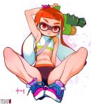  1girl arm_up armpits bare_shoulders bracelet doxy eyebrows flat_chest inkling jewelry legs long_hair looking_at_viewer navel parted_lips red_eyes redhead shoes signature sneakers solo splatoon squid thighs water_gun watermark 