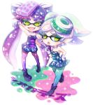 2girls :d black_hair blue_legwear breasts callie_(splatoon) cleavage cousins detached_collar dress fangs food food_on_face food_on_head gloves hand_on_hip kumami long_hair marie_(splatoon) multiple_girls object_on_head open_mouth pantyhose purple_legwear short_hair smile splatoon splatoon_(series) sushi tentacle_hair unitard white_gloves white_hair yellow_eyes
