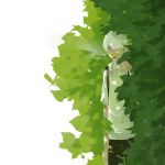  1boy bush cigarette ginko green_eyes hair_over_one_eye highres looking_at_viewer luo. mushishi plant short_hair solo white_hair 