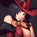    1girl bare_shoulders black_hair bob_cut breasts center_opening choker cleavage detached_sleeves fingerless_gloves gloves green_eyes guilty_gear hat i-no ilya_kuvshinov large_breasts lips looking_at_viewer mole solo 