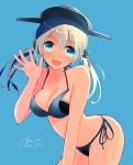  1girl bikini blonde_hair blue_eyes blush breasts cleavage dated hair_ornament hat highres kantai_collection long_hair looking_at_viewer open_mouth peaked_cap prinz_eugen_(kantai_collection) signature smile solo swimsuit tbd11 twintails 