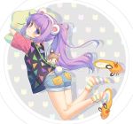  1girl :3 animal_ears antennae bear_print blue_eyes blush fake_animal_ears fang long_hair looking_at_viewer looking_back original pillow pillow_hug purple_hair shirt shorts slippers socks striped striped_legwear yamucha 