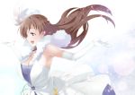  1girl :d bare_shoulders breasts brown_eyes brown_hair cleavage dress elbow_gloves fur_trim gloves hat idolmaster idolmaster_cinderella_girls inue_shinsuke jewelry large_breasts long_hair necklace nitta_minami open_mouth pure_white_memories smile solo 
