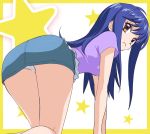  1girl all_fours blue_hair brown_eyes character_request copyright_request haruyama_kazunori long_hair looking_at_viewer panties shorts solo star starry_background underwear 