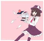  1girl apple book_stack bow brown_eyes brown_hair character_name food fruit fuente hair_bow hat necktie open_mouth shirt short_hair skirt solo touhou usami_renko 