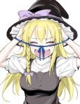 blonde_hair blush bow braid closed_eyes hair_bow hair_ornament hands_on_own_head hat hat_ribbon jpeg_artifacts kirisame_marisa long_hair nokonoko_(cookie) open_mouth puffy_sleeves rei_no_himo ribbon shirt short_sleeves side_braid simple_background single_braid sweat touhou turtleneck upper_body vest white_background witch_hat 