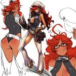  1girl amputee ass bakuya boots breasts cabbie_hat chaps character_request cleavage cleavage_cutout collage curly_hair dark_skin glasses gloves grin hair_over_one_eye hat heterochromia high_heel_boots high_heels highres leotard long_hair mechanical_arm prosthesis red_eyes redhead semi-rimless_glasses sharp_teeth sideboob smile solo tagme thumbs_up under-rim_glasses yellow_eyes 