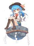1girl blue_hair blush boots bowtie food fruit full_body hat hinanawi_tenshi leaf long_hair looking_down peach pout puffy_sleeves red_eyes rock rope shimenawa shinoba short_sleeves simple_background sitting skirt solo touhou upskirt white_background