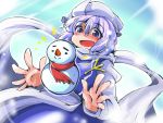  1girl blue_eyes bow hat letty_whiterock purple_hair scarf shinapuu short_hair smile snowman solo touhou 