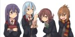  4girls akatsuki_(kantai_collection) brown_eyes brown_hair folded_ponytail harry_potter hibiki_(kantai_collection) ido_(teketeke) ikazuchi_(kantai_collection) inazuma_(kantai_collection) kantai_collection long_hair multiple_girls open_mouth scarf school_uniform short_hair silver_hair 