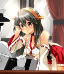  1boy 1girl admiral_(kantai_collection) bent_over black_hair blush breasts brown_eyes brown_hair cleavage curtains desk detached_sleeves gloves hair_ornament hairband hairclip haruna_(kantai_collection) hat headgear highres holding indoors kantai_collection large_breasts leaning_forward long_hair looking_at_another military military_uniform nontraditional_miko parted_lips peaked_cap pointing sitting skirt tsukui_kachou uniform white_gloves window 
