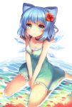  1girl aqua_dress bare_arms bare_shoulders barefoot blue_eyes blue_hair bow breasts choker cirno cleavage collarbone dress flower hair_bow hair_flower hair_ornament ice ice_wings miya_(tokumei) petals sitting solo touhou v_arms wariza water wings 