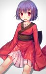  1girl dress gradient gradient_background highres japanese_clothes kimono long_sleeves looking_at_viewer no_headwear obi open_mouth purple_hair red_dress ribbon sash shone short_hair sitting smile solo sukuna_shinmyoumaru touhou wide_sleeves 