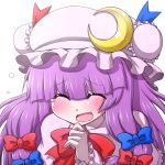  1girl ^_^ blush bow closed_eyes crescent hair_bow hanya_(hanya_yashiki) hat laughing long_hair open_mouth patchouli_knowledge purple_hair simple_background touhou upper_body white_background 