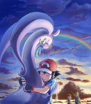  2boys 2girls citron_(pokemon) clouds cloudy_sky crying eureka_(pokemon) fingerless_gloves gloves goodra hat highres ho-oh_(artist) hug multiple_boys multiple_girls pokemon pokemon_(anime) pokemon_(creature) rainbow satoshi_(pokemon) serena_(pokemon) sky tears 