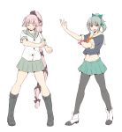  2girls bow brown_eyes female hair_bow hair_ribbon henshin_pose kamen_rider kamen_rider_drive_(series) kantai_collection kodera_ju long_hair multiple_girls open_mouth pantyhose parody pink_hair ponytail pose ribbon school_uniform serafuku skirt yura_(kantai_collection) yuubari_(kantai_collection) 