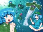  4girls animal_ears black_hair blue_eyes blue_hair blush bow braid breasts bubble cat_ears diving_suit dress drill_hair error fins fish hair_bobbles hair_ornament hands_clasped hat imaizumi_kagerou kawashiro_nitori key keychain long_hair multiple_girls open_mouth oxygen_mask oxygen_tank propeller prosthesis red_eyes ribbon rope sash sekibanki shirosato short_hair smile sparkle touhou twin_drills twintails underwater wakasagihime wakasagihime_(cosplay) water 