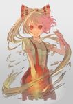  1girl albino alternate_hairstyle colored fujiwara_no_mokou gradient gradient_background grey_background hair_ornament hair_ribbon jpeg_artifacts long_hair looking_at_viewer pants pisoshi ponytail red_eyes ribbon shirt short_sleeves simple_background sketch smile solo torn_clothes torn_sleeves touhou white_hair 