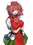  1girl breasts bun_cover crossed_arms double_bun flower hair_bun ibaraki_kasen large_breasts looking_at_viewer open_mouth pink_rose puffy_short_sleeves puffy_sleeves red_eyes redhead rose shirt short_sleeves skirt solo tabard takemori_shintarou touhou 