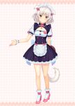  1girl absurdres animal_ears apron blue_eyes blush eventh7 highres looking_at_viewer maid maid_headdress silver_hair solo tail 