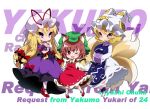  3girls animal_ears ankle_cuffs bangs blonde_hair bow breasts brown_hair cat_ears character_name chen chibi choker cleavage commentary_request dress earrings elbow_gloves fangs fox_tail frilled_dress frills gloves green_hat hair_bow hands_together hat hat_ribbon heart high_heels jewelry kayama_benio long_hair long_sleeves looking_at_viewer mob_cap multiple_girls multiple_tails open_mouth orange_eyes puffy_short_sleeves puffy_sleeves purple_dress red_dress red_shoes ribbon shoes short_hair short_sleeves simple_background sleeveless smile socks spoken_heart standing tabard tail touhou two_tails very_long_hair violet_eyes white_background white_dress white_gloves white_legwear white_shoes winking yakumo_ran yakumo_yukari yellow_eyes 