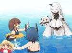  5girls :d ^_^ bare_shoulders bikini blonde_hair breasts brown_eyes brown_hair chibi closed_eyes detached_sleeves hairband headgear horn horns innertube kantai_collection large_breasts long_hair long_sleeves mittens multiple_girls northern_ocean_hime open_mouth purple_hair red_eyes ryuujou_(kantai_collection) sad_fuka school_swimsuit seaport_water_oni shimakaze_(kantai_collection) shinkaisei-kan short_hair smile swimsuit tenryuu_(kantai_collection) twintails very_long_hair waving white_background 