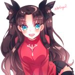  1girl blue_eyes breasts brown_hair byulrorqual fate/stay_night fate_(series) hair_ribbon long_hair looking_at_viewer open_mouth ribbon simple_background smile solo thigh-highs tohsaka_rin toosaka_rin twitter_username two_side_up white_background zettai_ryouiki 