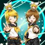  arm_warmers blonde_hair bow brother_and_sister chibi clenched_hand green_eyes grey_eyes hair_bow hair_ornament hairclip headset highres kagamine_len kagamine_rin kotobuki_shiraha one_eye_closed sailor_collar short_shorts shorts siblings twins vocaloid yellow_eyes 