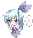  1girl alternate_hairstyle barefoot blue_dress blue_eyes blue_hair blush chibi cirno dress faux_traditional_media hair_ribbon kabi_killer looking_at_viewer musical_note open_mouth ribbon short_hair side_ponytail simple_background solo spoken_musical_note touhou white_background wings 