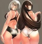  2girls ass blue_eyes blush breasts brown_eyes brown_hair from_behind hair_ornament hair_over_one_eye hairclip hamakaze_(kantai_collection) isokaze_(kantai_collection) kantai_collection large_breasts long_hair looking_back multiple_girls one-piece_swimsuit short_hair silver_hair swimsuit wamwam 