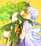  1boy 1girl akibotann arm_warmers blue_eyes boots bridal_gauntlets cape carrying couple earrings edward_geraldine eye_contact final_fantasy final_fantasy_iv green_eyes green_hair green_legwear hair_ornament hetero jewelry long_hair looking_at_another princess_carry rydia smile star star_earrings thigh-highs white_hair yellow_background yellow_boots 