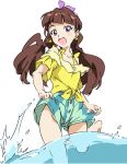  1girl :d amanogawa_kirara bare_shoulders barefoot brown_hair earrings go!_princess_precure jewelry long_hair open_mouth precure shorts simple_background smile solo star star_earrings twintails umanosuke violet_eyes water white_background 