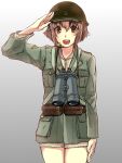  1girl alternate_costume amine binoculars brown_eyes brown_hair kantai_collection military military_uniform salute solo uniform yukikaze_(kantai_collection) 