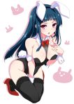  1girl animal_ears blue_hair breasts bunny_girl bunny_tail bunnysuit cleavage long_hair mutou_kurihito rabbit_ears red_eyes solo tail thigh-highs tokyo_7th_sisters wrist_cuffs 