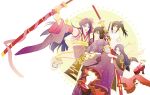  4boys black_hair carrying detached_sleeves dual_persona flower ginmu gohei gourd hair_flower hair_ornament hair_stick japanese_clothes jirou_tachi multiple_boys ootachi open_mouth ponytail princess_carry smile sword tarou_tachi time_paradox touken_ranbu weapon yellow_eyes younger 