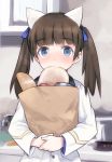  1girl animal_ears bag blue_eyes blush bread bread_in_mouth brown_hair food georgette_lemare hair_ribbon long_hair lowres military military_uniform paper_bag pot ribbon shimada_fumikane solo stove strike_witches twintails uniform 