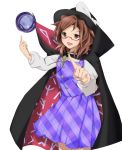  1girl :d brown_eyes brown_hair cape glasses hat highres occult_ball open_mouth red-framed_glasses shahha shirt skirt smile touhou usami_sumireko vest 