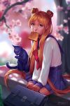  bishoujo_senshi_sailor_moon blonde_hair blue_eyes blurry cat cherry_blossoms depth_of_field double_bun flower food_in_mouth highres licking_paw long_hair luna_(sailor_moon) mouth_hold ribbon robyn_lau school_uniform serafuku signature sitting toast toast_in_mouth tsukino_usagi very_long_hair 