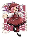  1girl bird_wings brown_dress chibi dress frilled_skirt frills hand_on_own_chest hat long_sleeves mystia_lorelei one_eye_closed open_mouth ota&#039;s outstretched_hand pink_hair red_background red_eyes short_hair skirt solo standing_on_one_leg touhou wings 