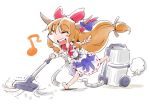  1girl bow chain closed_eyes hair_bow horn_ribbon horns ibuki_suika long_hair musical_note open_mouth orange_hair ribbon shinapuu sketch smile solo touhou vacuum_cleaner 