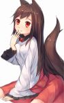  1girl animal_ears breast_press brooch brown_hair dress fang highres imaizumi_kagerou jewelry long_hair long_sleeves looking_at_viewer red_eyes shone simple_background sitting smile solo tail touhou white_background wide_sleeves wolf_ears wolf_tail 