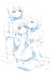  3girls age_difference apron art_teacher_(yuru_yuri) carrying collarbone hair_over_one_eye highres kamiki_uutarou kneeling labcoat long_hair matsumoto_rise monochrome multiple_girls nishigaki_nana parted_lips princess_carry school_uniform seiza serafuku short_hair simple_background sitting smile socks teacher_and_student white_background yuru_yuri 