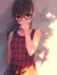  1girl bare_arms black_hair checkered_dress choker dress glasses hand_on_another&#039;s_face hidden_mouth long_hair looking_at_viewer natsu_natsuna red_eyes solo 