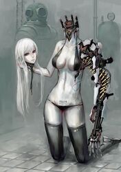  1girl albino android barcode bikini black_bikini black_legwear breasts bullet cleavage diving_suit head_removed highres jittsu kneeling long_hair looking_at_viewer mecha_musume mechanical_arm original parted_lips red_eyes solo swimsuit thigh-highs white_hair 