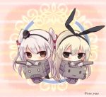  2girls :3 amatsukaze_(kantai_collection) black_eyes blonde_hair brown_eyes chibi hair_between_eyes hair_tubes hairband hat kantai_collection long_hair multiple_girls nor_nao o_o rensouhou-chan rensouhou-kun shimakaze_(kantai_collection) silver_hair twitter_username two_side_up |_| 